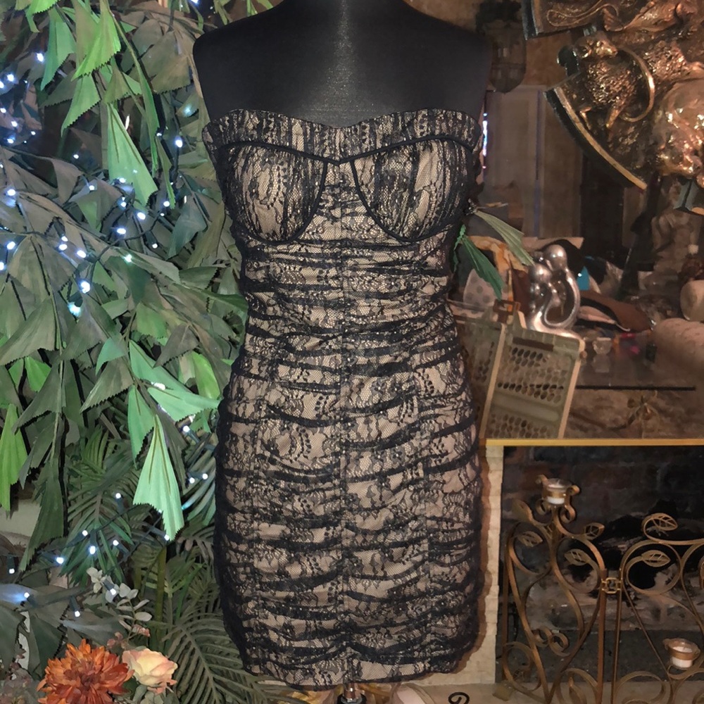 Rubber Ducky Strapless Black gathered lace dress
